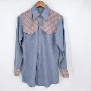 Vintage Lee Western Shirt Blue Chambray Plaid Yoke Pearl Snap Extra Long Tails M